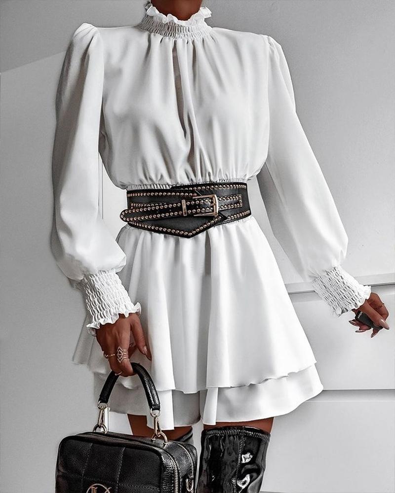 

Shirred Frill Hem Long Sleeve Casual Dress, White