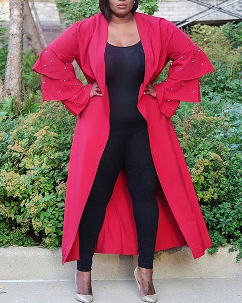 

Solid Beaded Tiered Sleeve Longline Coat, Hot pink
