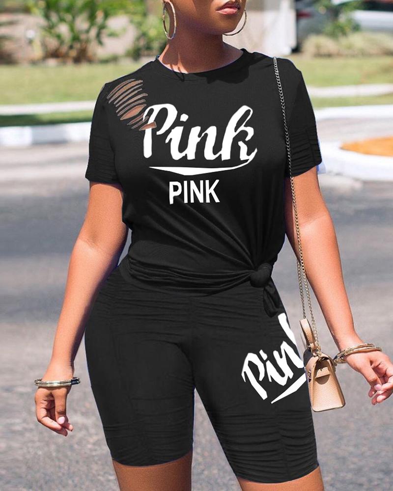

Letter Print Short Sleeve Top & Shorts Set, Black