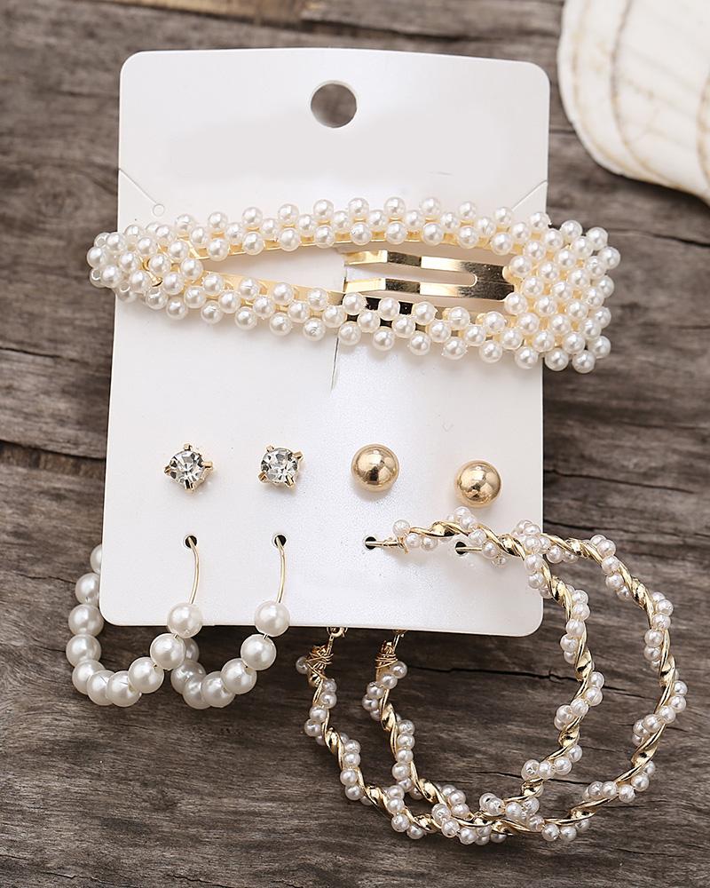 

4 Pairs Beaded Hoop Tassel Ear Cuff Earring & Necklace & Hairpins Set, Style4