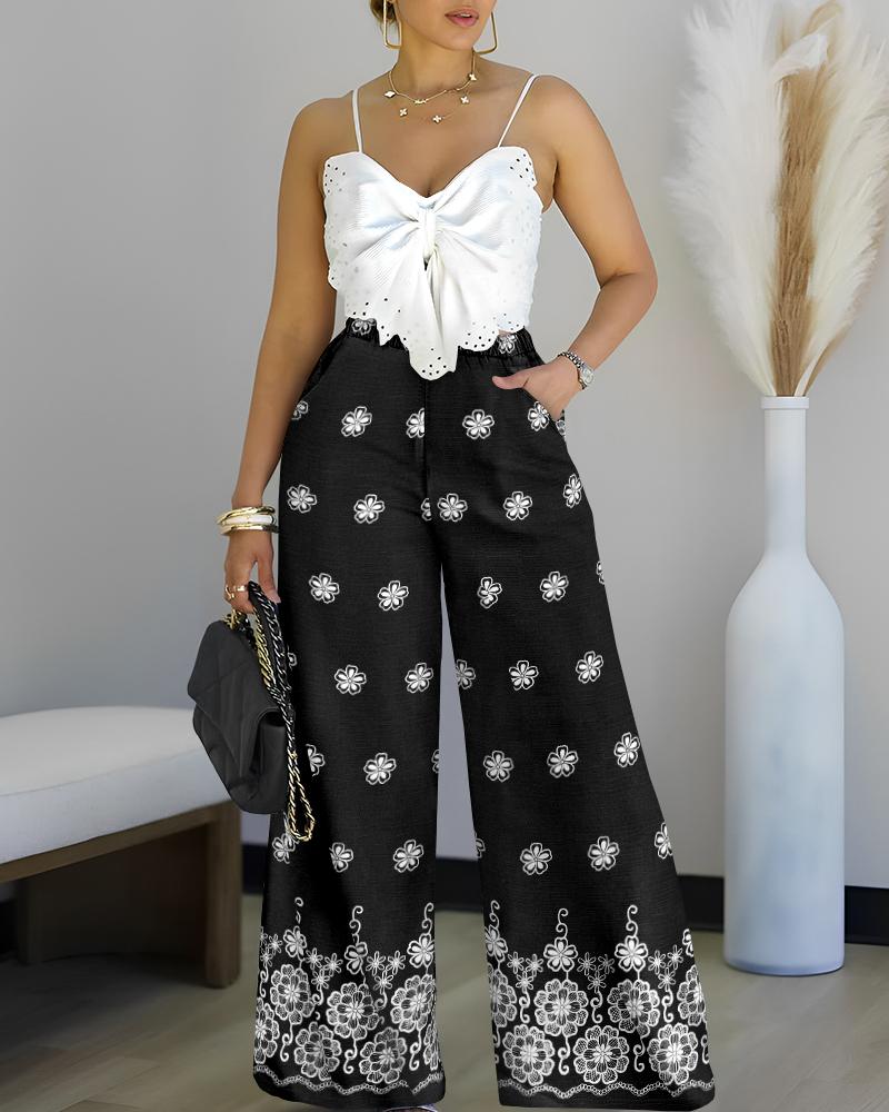 

2 Pieces Outfit Embroidered Bow Strap Top with Zipper Back and Tribal Print Wide Leg Pants Set, Black