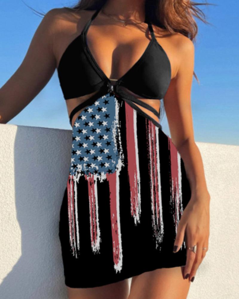 

Leopard Print Cut-out Bikini Swimsuit With Beach Skirt, Black