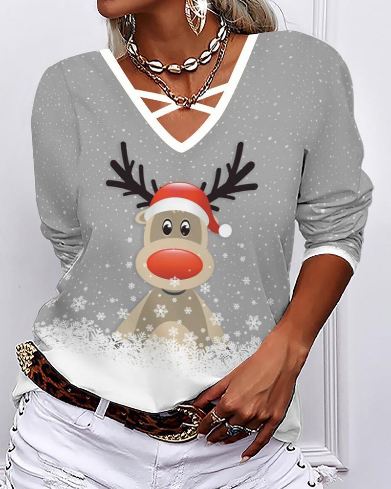 

Christmas Snowflake Elk Print Long Sleeve Top, Gray