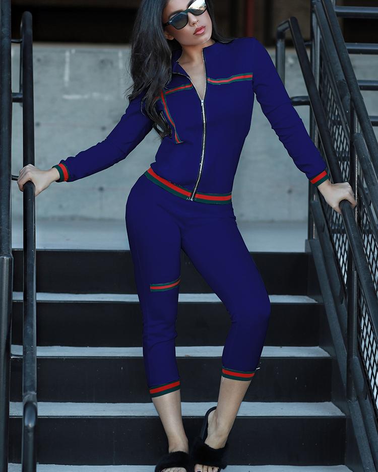 

Contrast Binding Zip Front Top & Pants Set, Dark blue