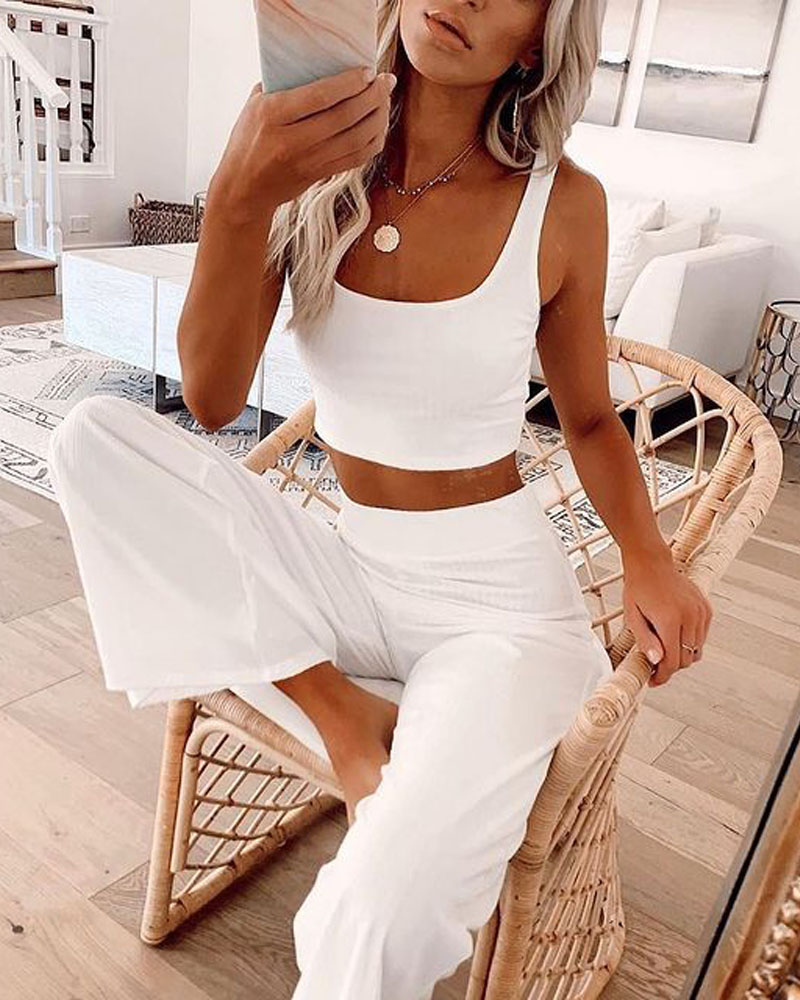 

Ribbed Crop Tank Top & High Waist Pants Set, White