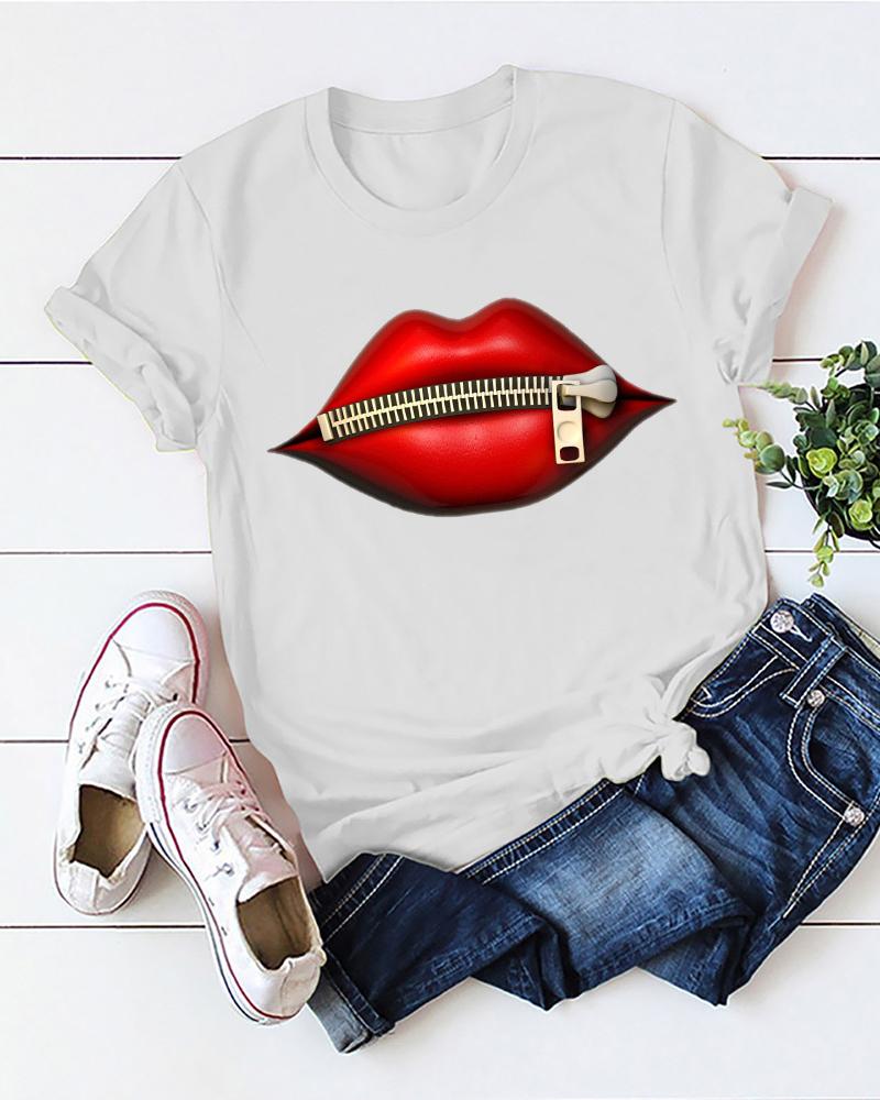 

Zipper Lip Print Short Sleeve T-Shirt, White