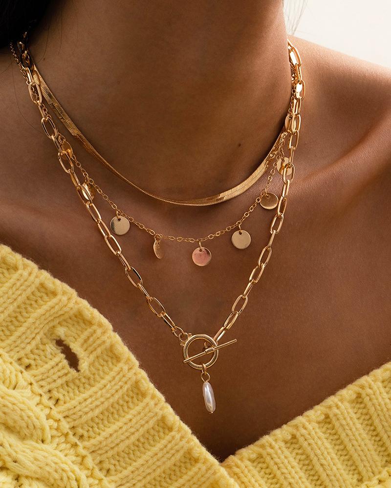 

Beaded Disc Pendant Chain Layered Necklace, Gold