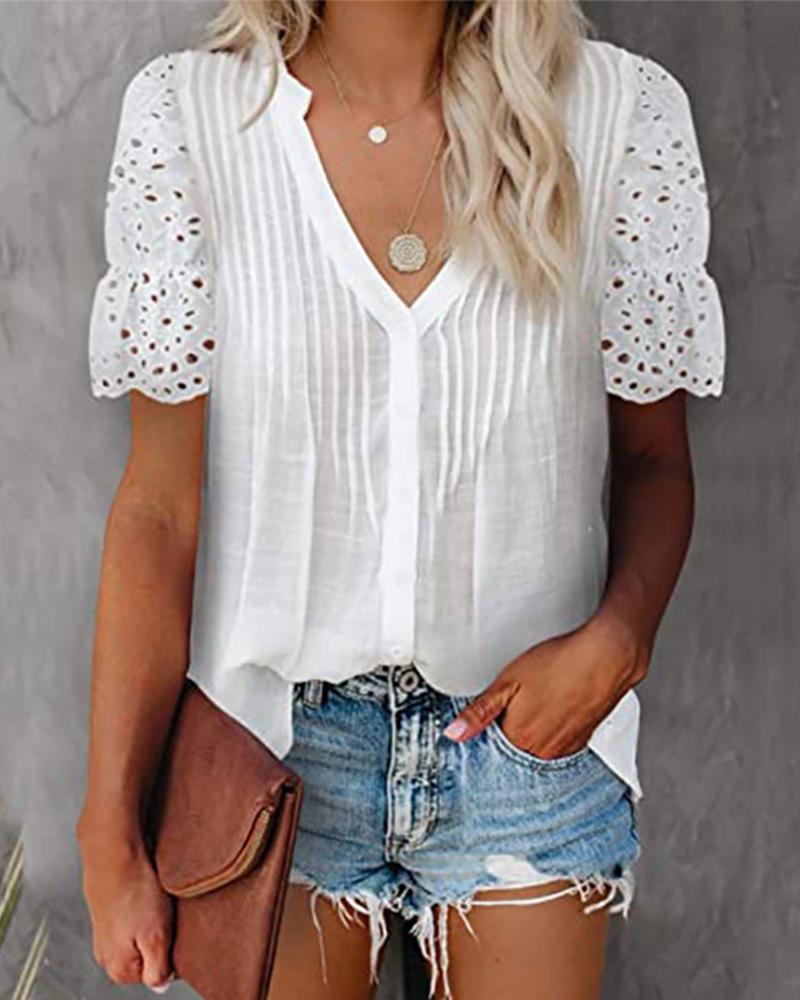 

V Neck Eyelet Embroidery Sleeve Button Design Top, White