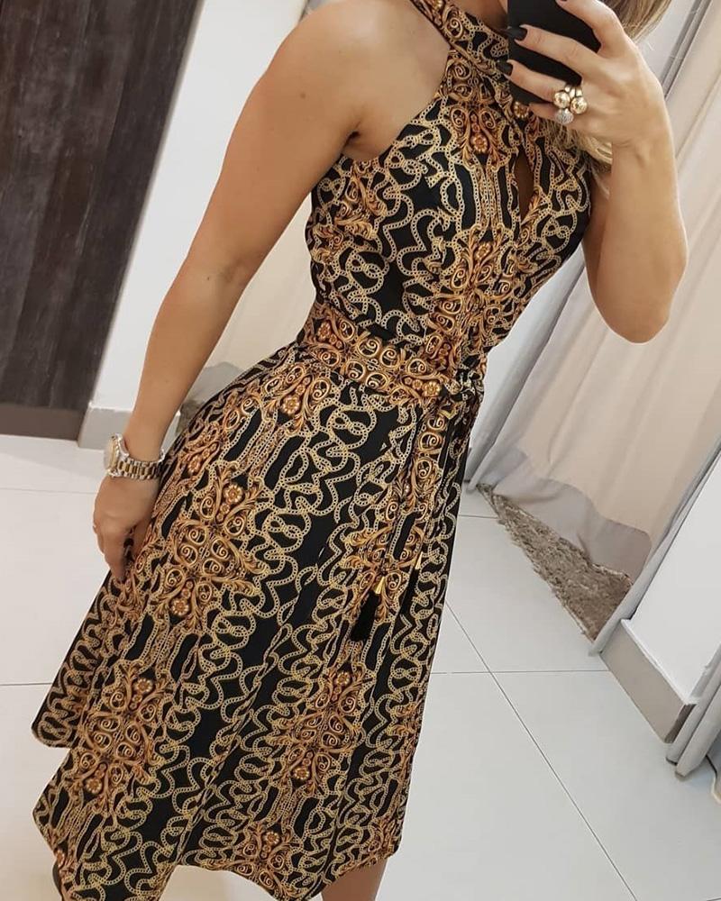 

Halter Scarf Print Sleeveless Belted Dress, Dark brown