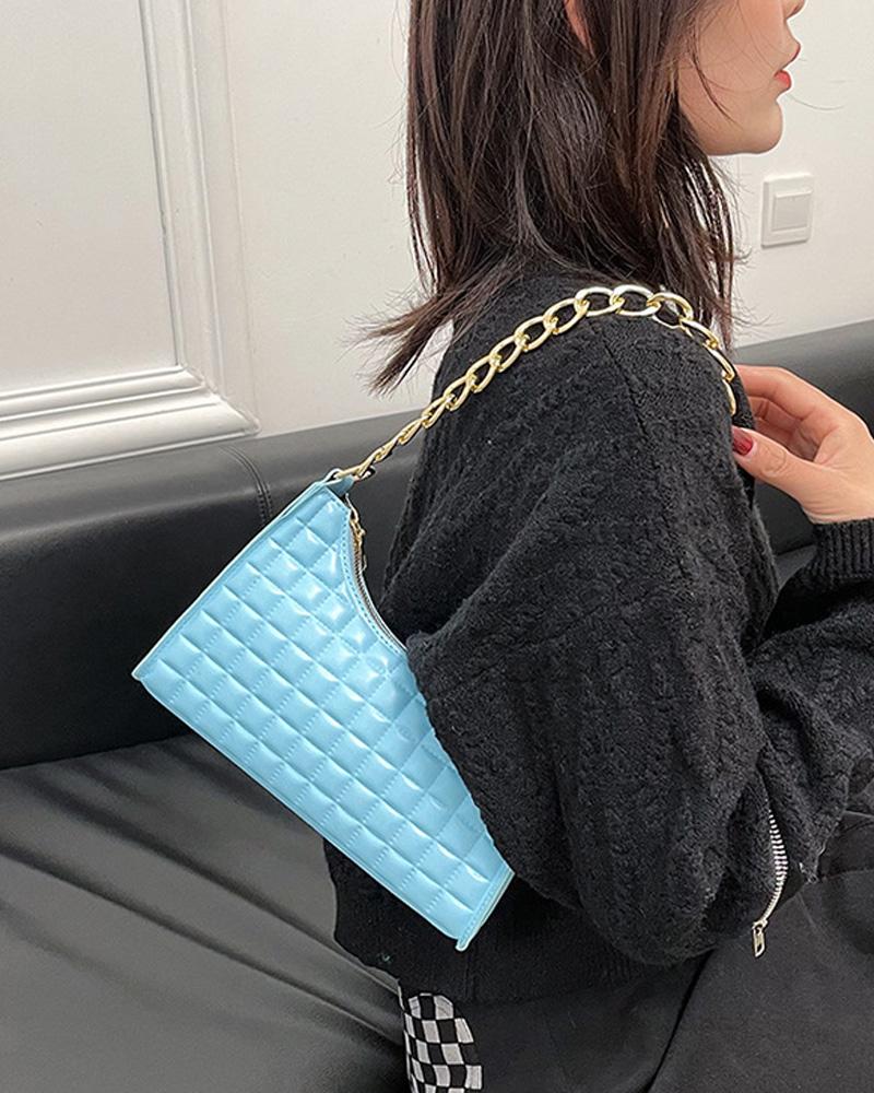 

Quilted Chain Strap Baguette Bag, Lighted blue