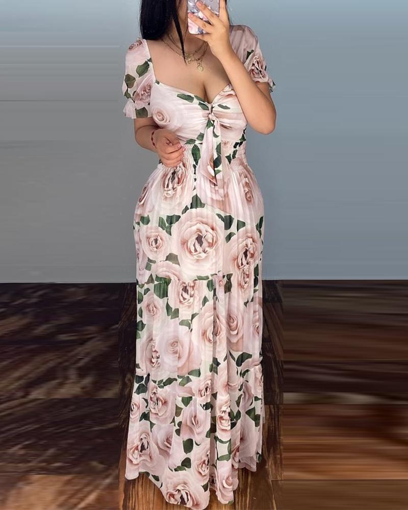 

Floral Print Skinny Waist Lace-up Short Sleeve Maxi Dress, Pink