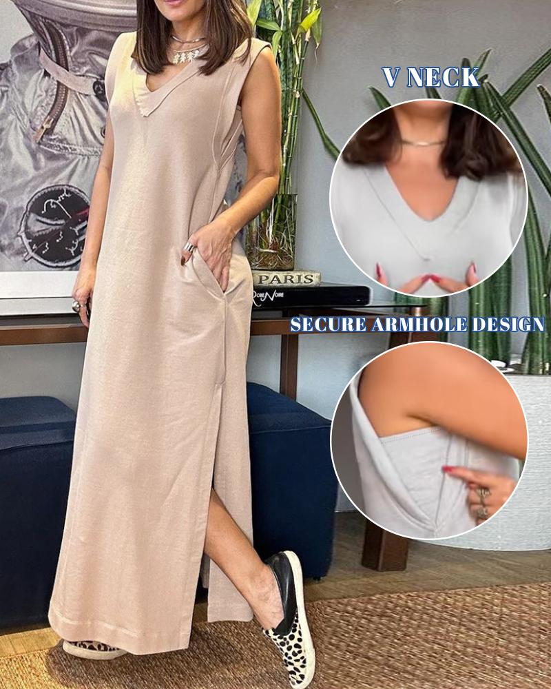 

Vestido casual con abertura y diseño de bolsillo con cuello en V, Khaki