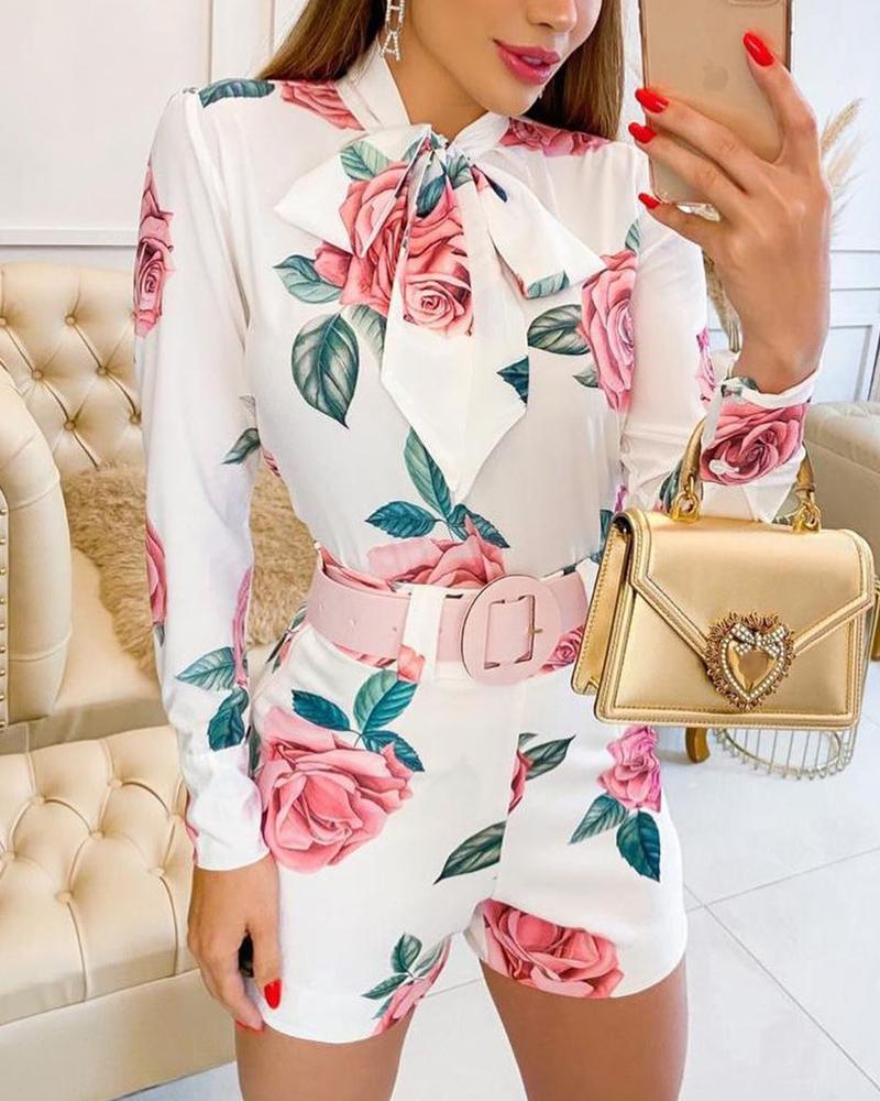 

Floral Print Tie Neck Long Sleeve Top & Shorts Set, White
