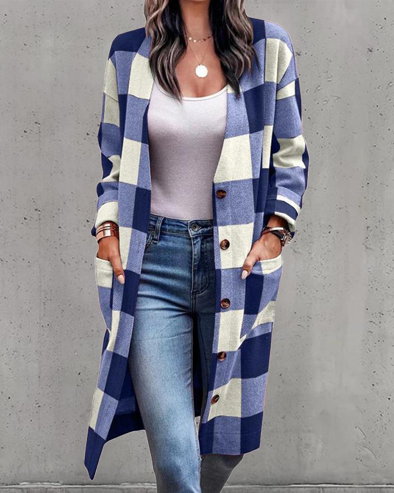 

Plaid Print Pocket Detail Longline Coat, Blue