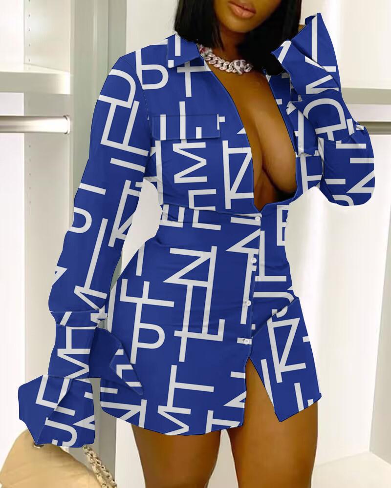 

Letter Print Button Down Shirt Dress, Blue