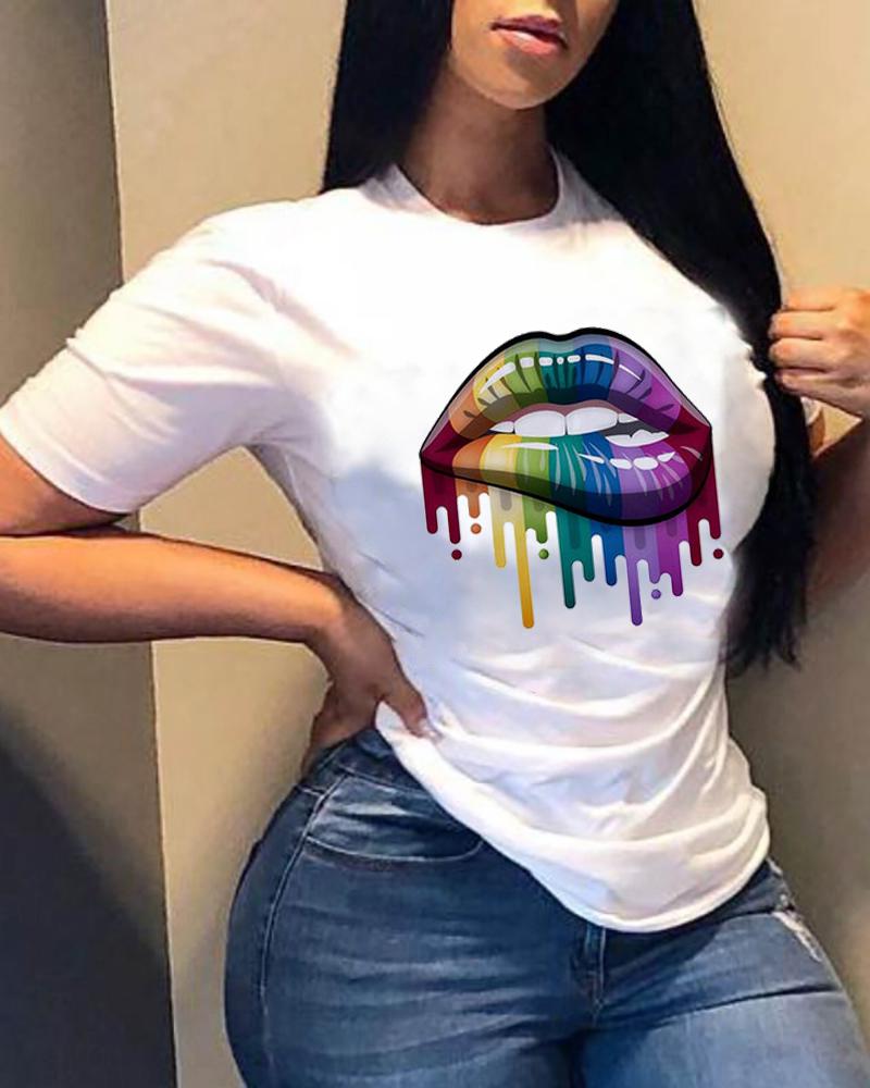 

Colorblock Lips Print Short Sleeve T-shirts, Style9