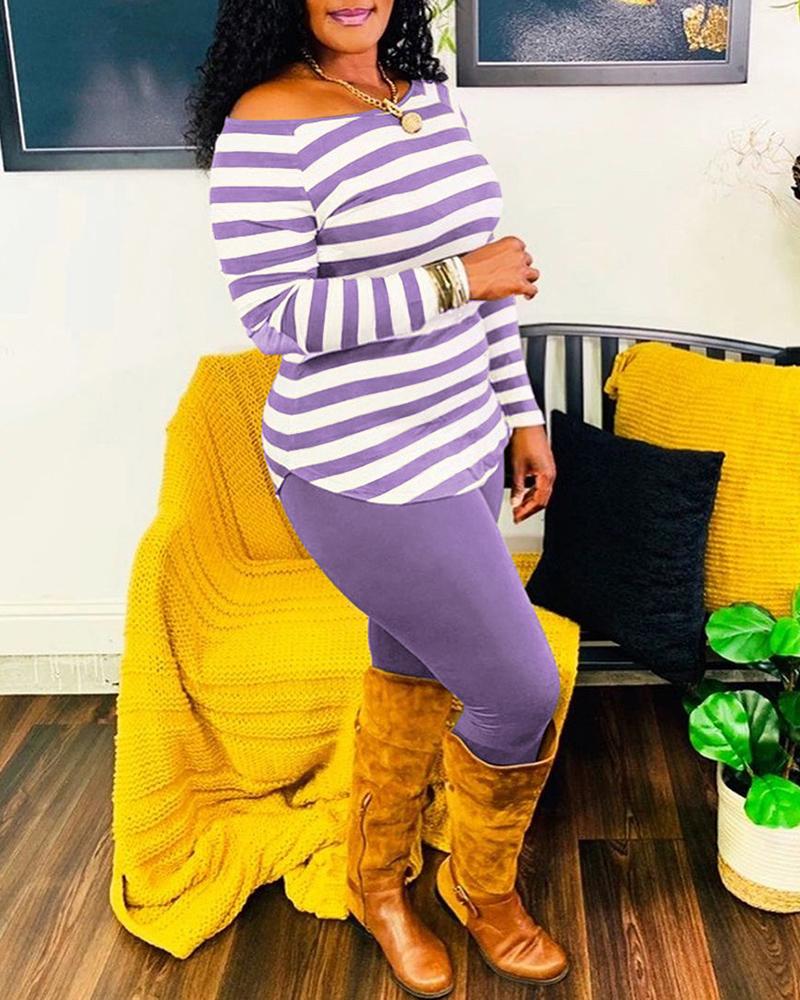 

Striped Long Sleeve Top & Pants Set, Purple