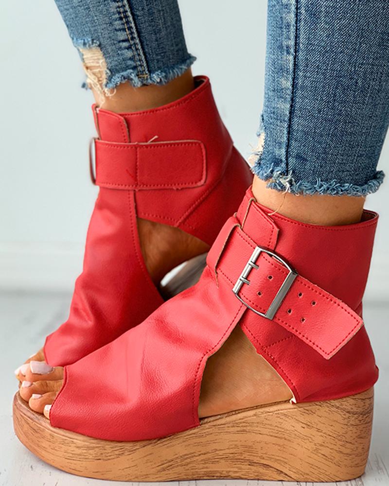 

Eyelet Buckled Cutout Wedge Sandals, Red