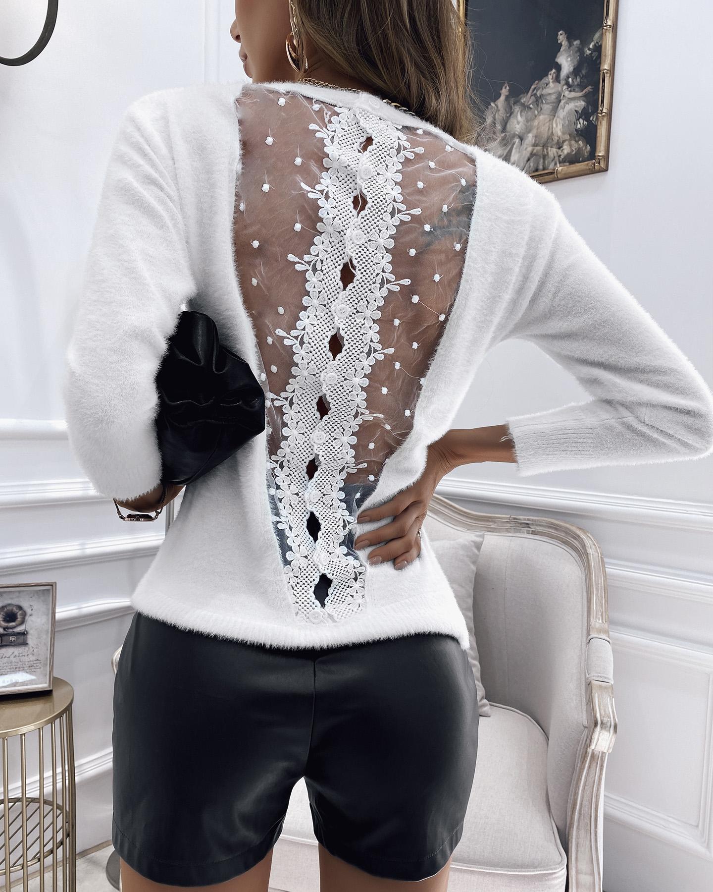 

Fuzzy Dot Mesh Lace Cutout Knit Sweater, White