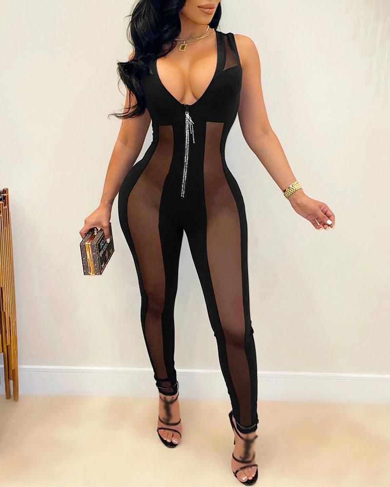 

Rhinestone Zip Front Sheer Mesh Jumpsuit, Black