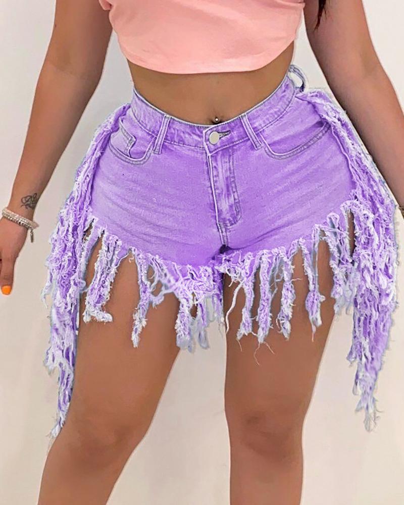 

High Waist Pocket Tassel Denim Shorts, Purple