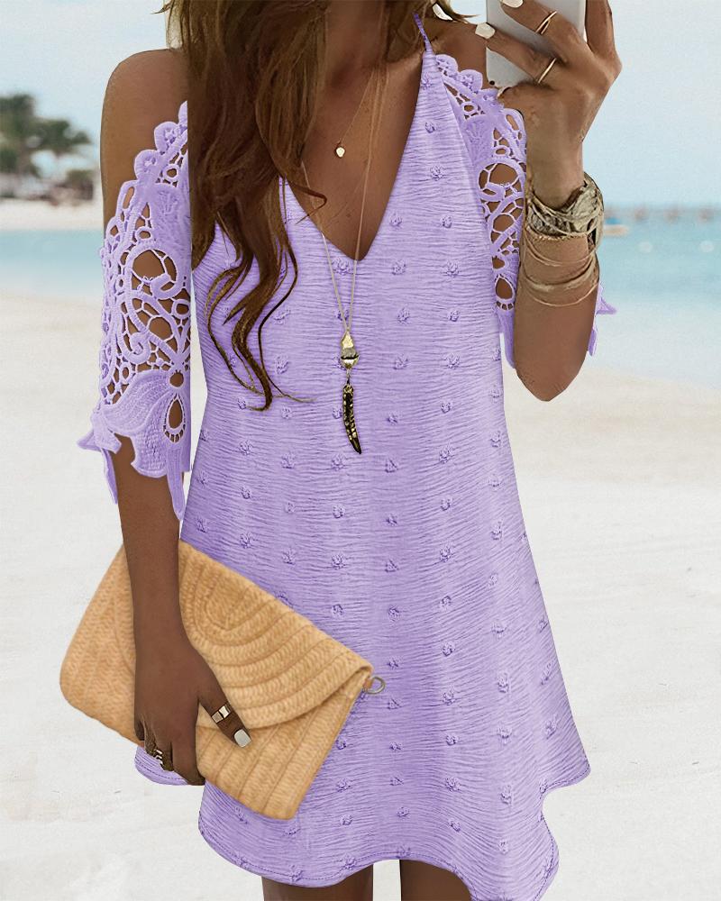 

Vestido reto com decote em V e ombro vazado, sem mangas, bainha de renda, vestido de férias, Purple