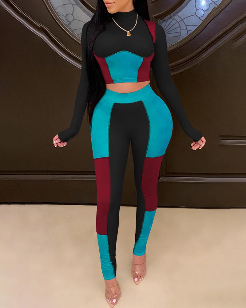

Colorblock Long Sleeve Top & High Waist Pants Set, Black