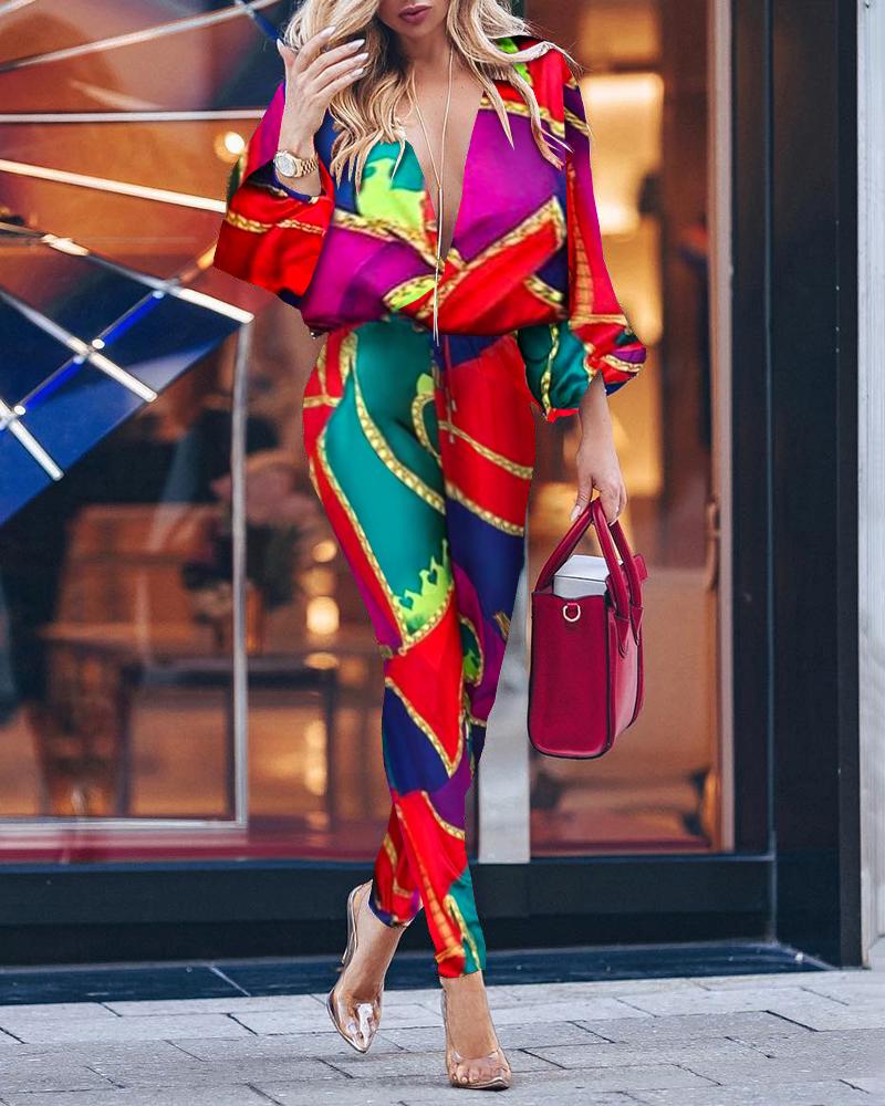 

Colorblock Print Plunge Casual Jumpsuit, Multicolor