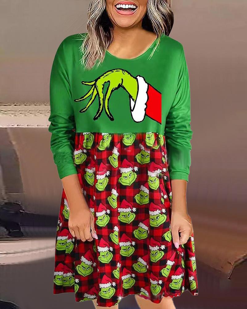 

Plus Size Christmas Grinch Plaid Print Casual Dress, Green
