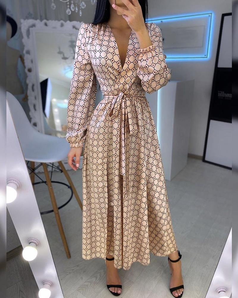 

Geometry Polkadot Print Plunge Wrap Dress, Beige