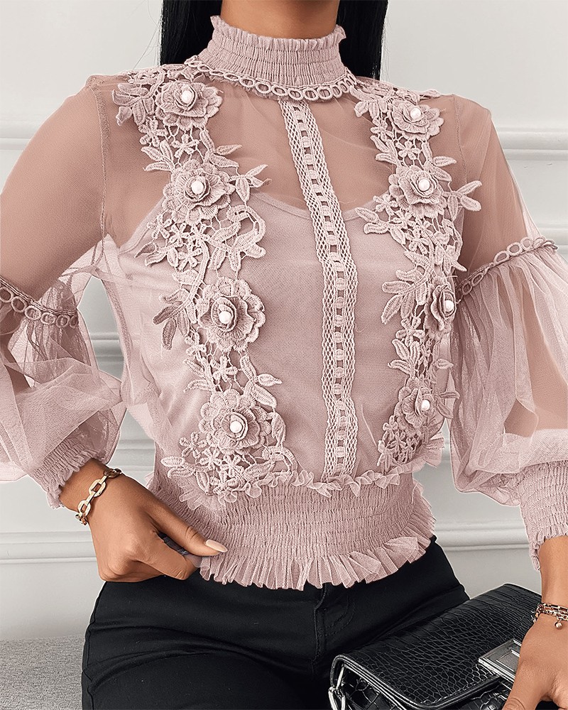Sheer Mesh Floral Pattern Lace Beaded Top (2PCS)