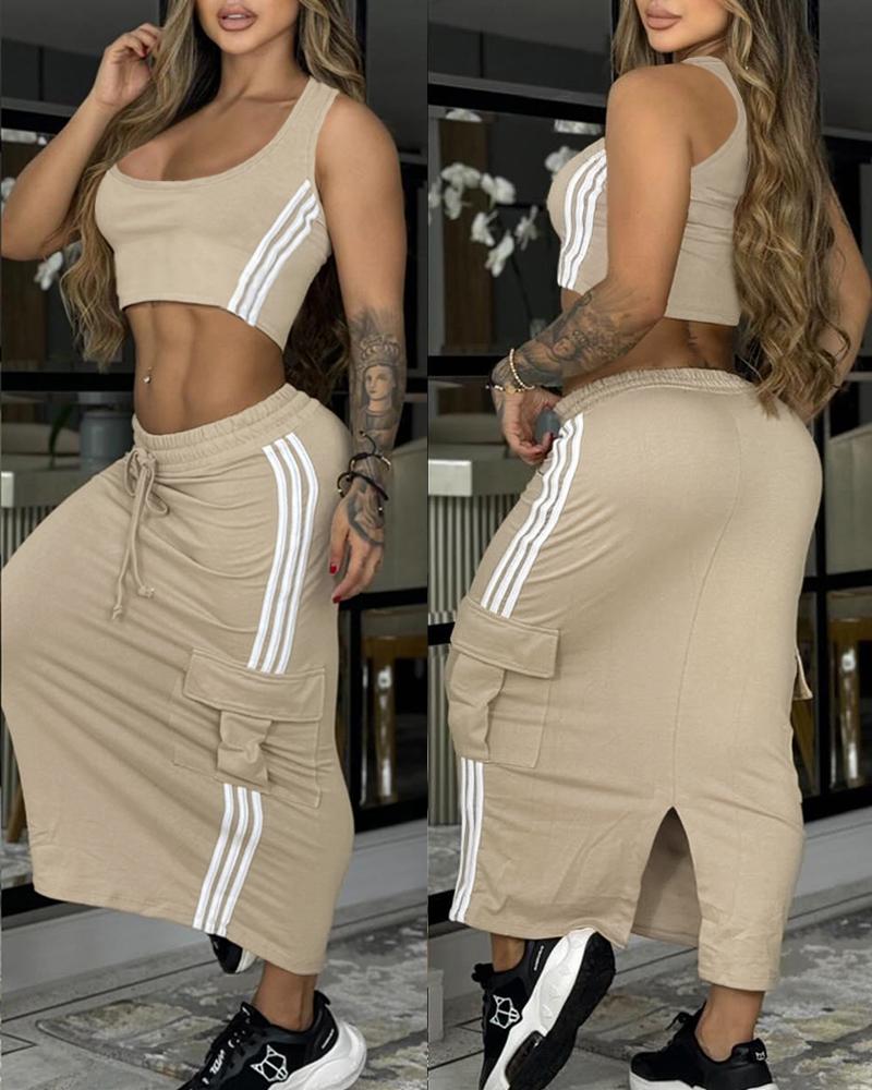 

Striped Tape Patch Bandeau Crop Top & Slit Cargo Skirt Set, Khaki