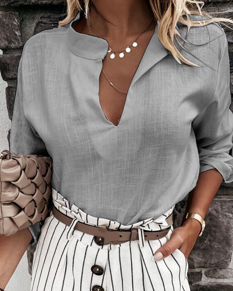 

Plunge Long Sleeve Casual Top, Gray