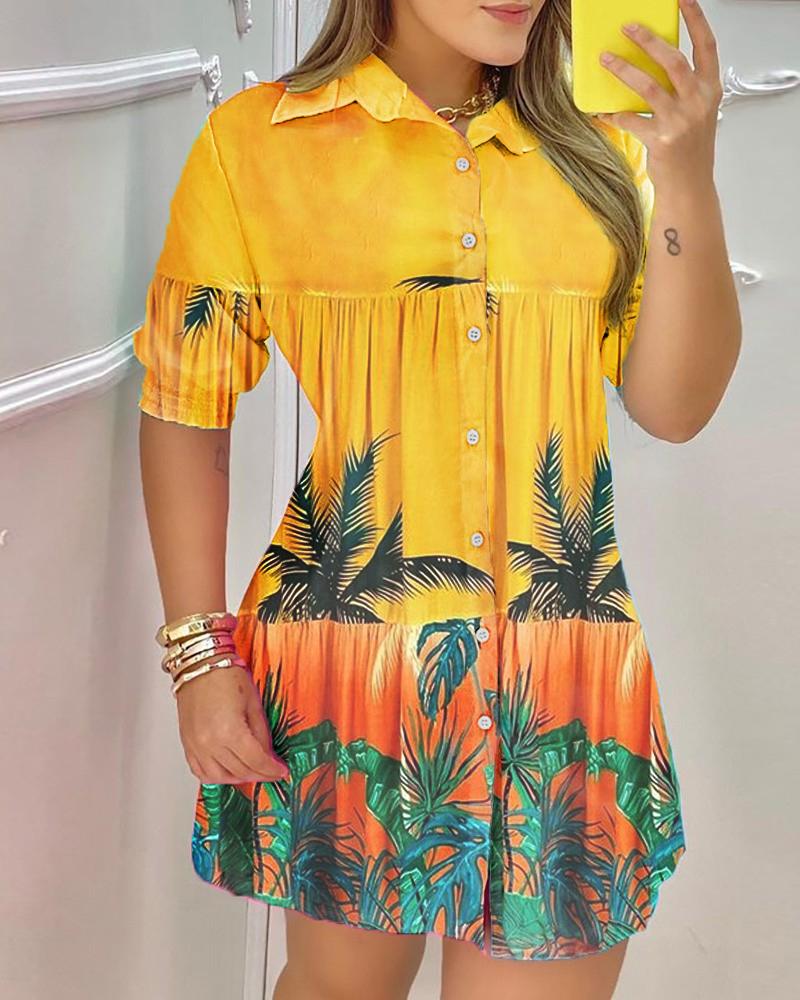 

Tropical Print Button Front Shirt Dress Short Sleeve Summer Mini Dress, Yellow