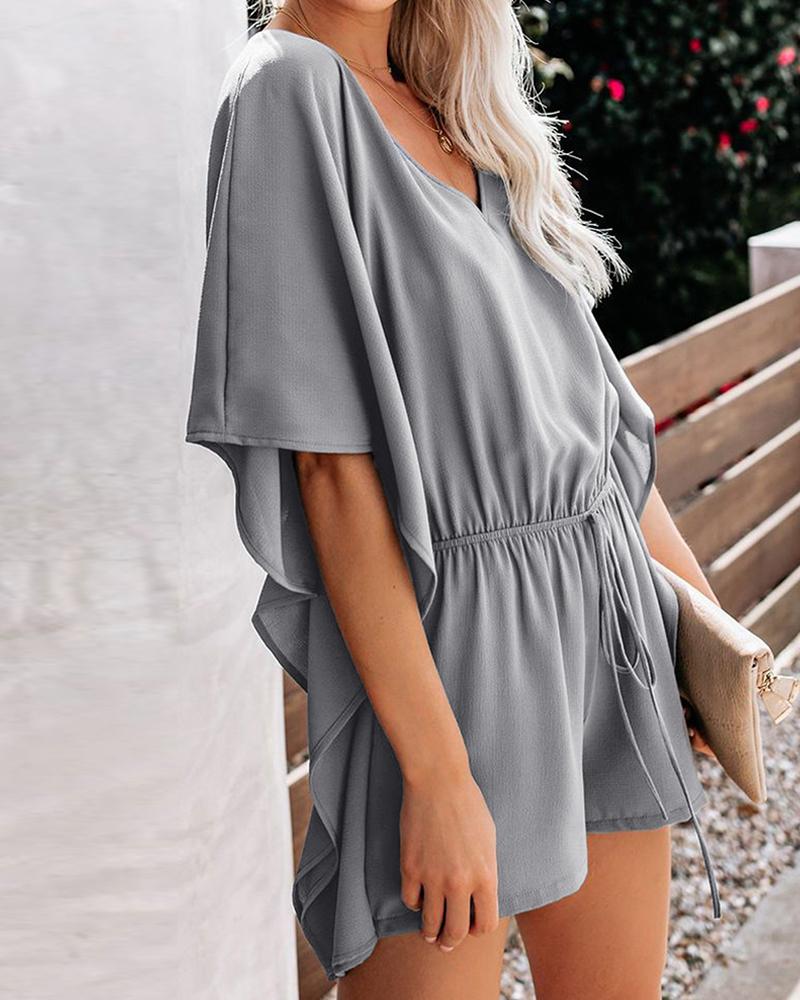 

Solid V Neck Ruffle Romper, Gray