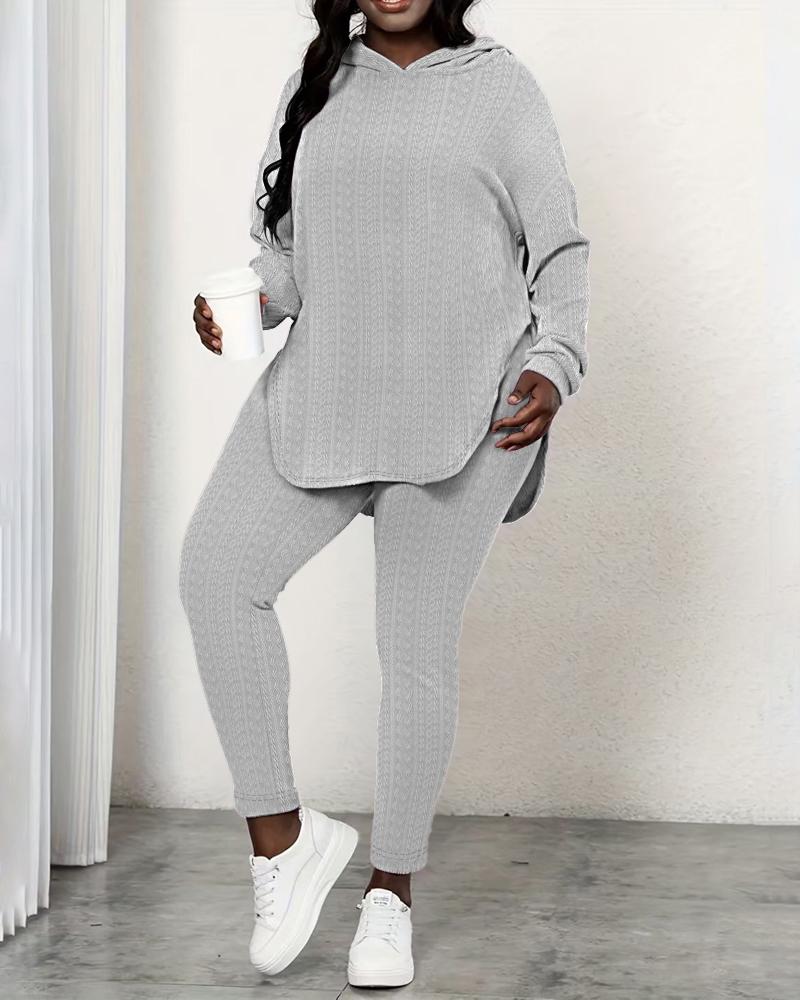 

Plus Size Hooded Slit Cable Textured Top & Pants Set, Gray