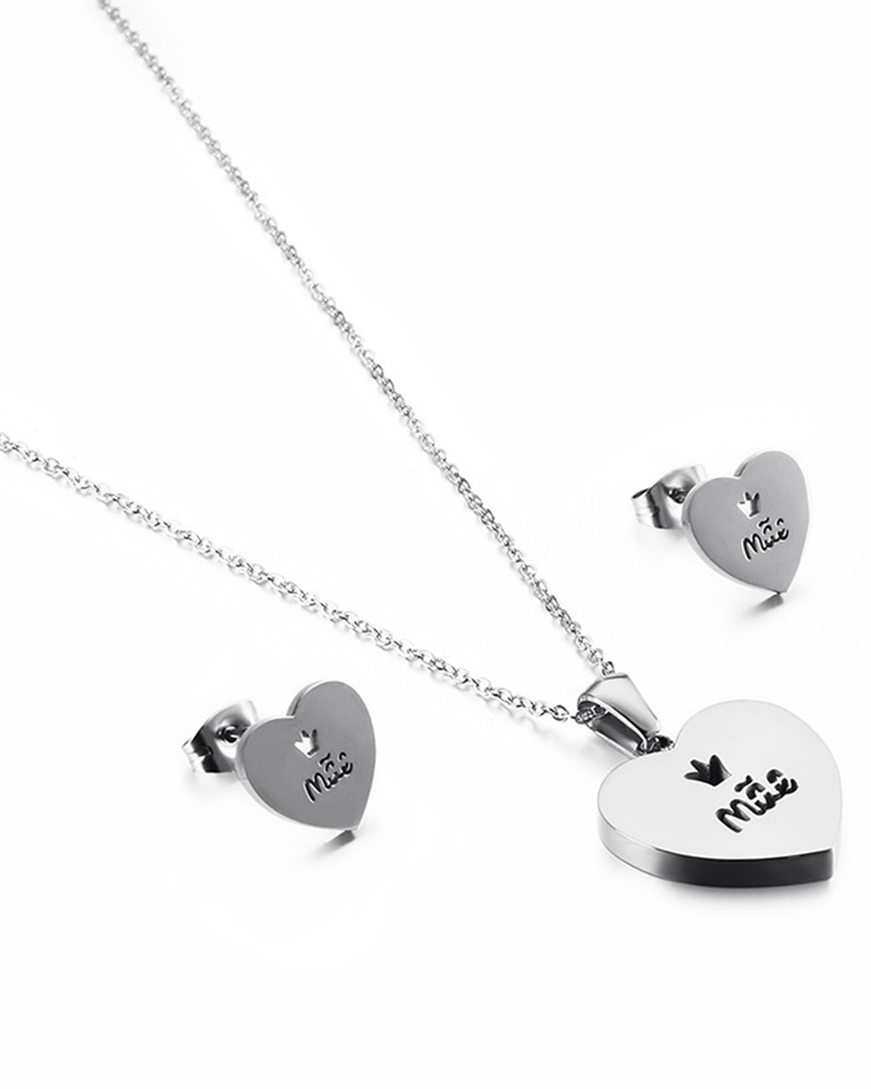 

2pcs Mother's Day Gift Heart Shaped Pendant Necklace & Earrings Jewelry Set, Silver