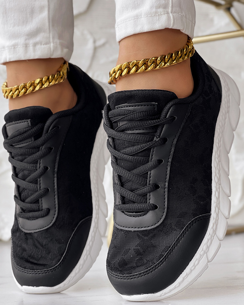 

Breathable Lace-up Round Toe Sneakers, Black