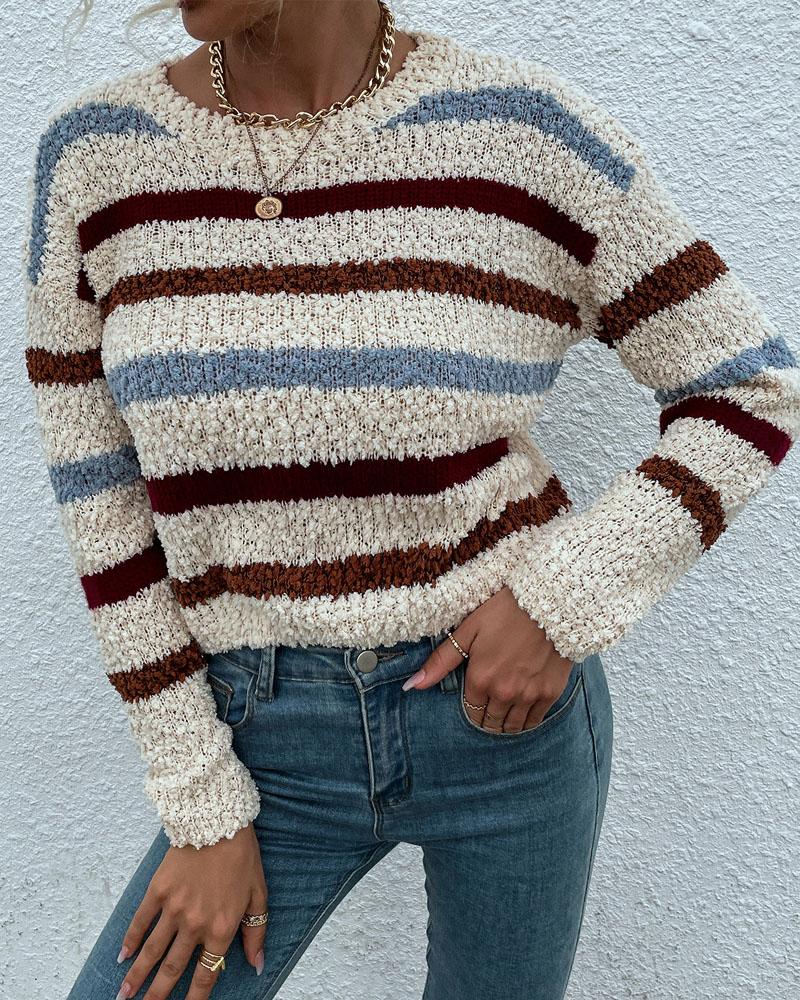 

Striped Long Sleeve Popcorn Knit Sweater, Style1