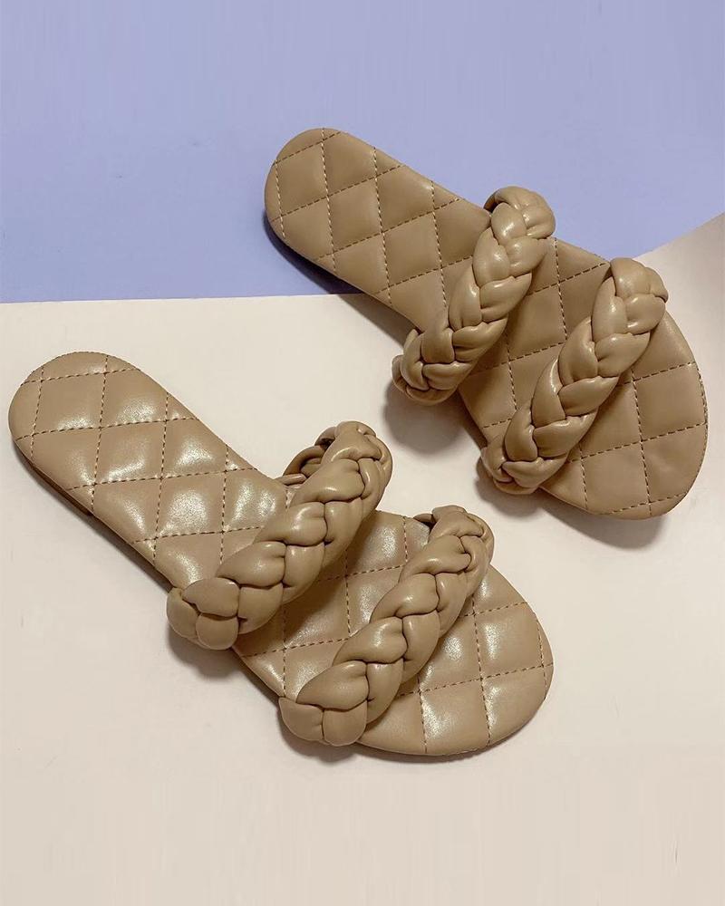 

Round-toe Solid Color PU Leather Open-toe Flat Slippers, Apricot