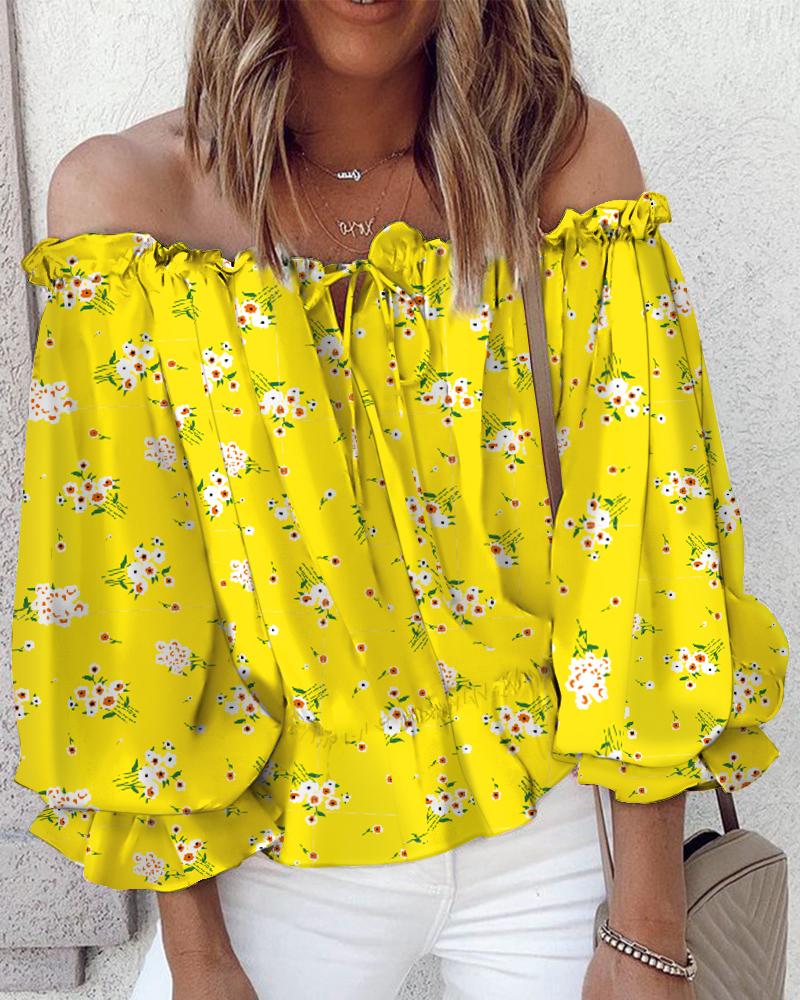 

Off Shoulder Floral Print Lantern Sleeve Top, Yellow