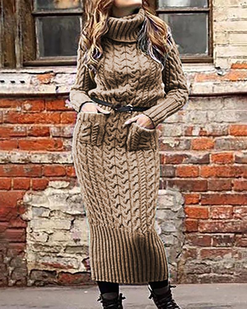

High Neck Long Sleeve Braided Sweater Dress, Khaki