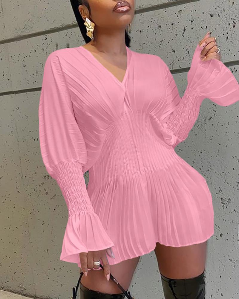 

Shirring Detail Bell Sleeve Pleated Dress, Pink