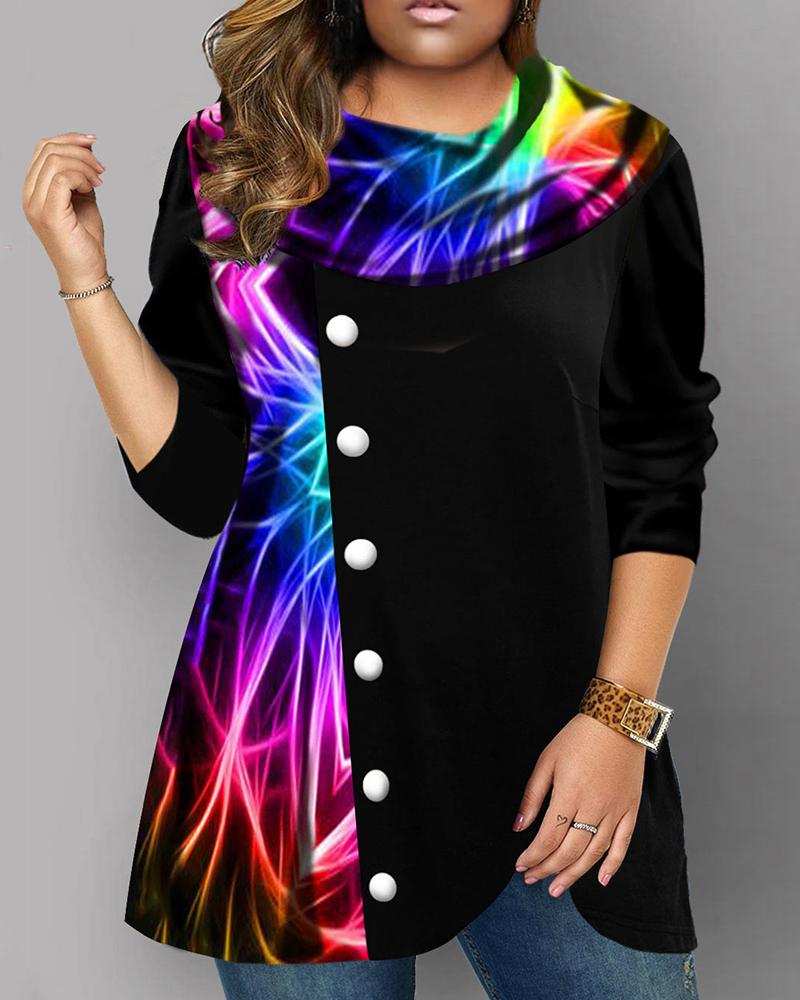 

Plus Size Ombre Button Decor Long Sleeve Top, Black