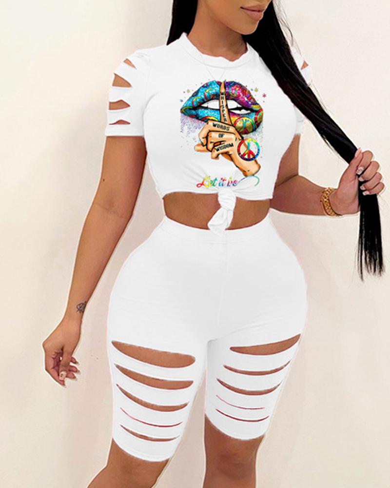

Slogan Print Ladder Cutout Cold Shoulder Top & Shorts Set, White