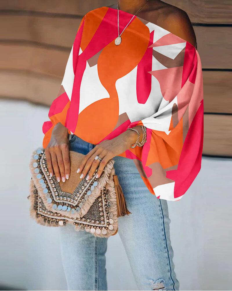 

Geo Print Skew Neck Lantern Sleeve Top, Orange