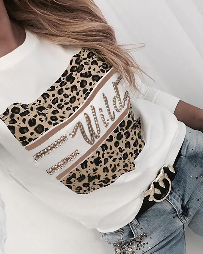 

Letter Leopard Print Rhinestone Decor Top, White