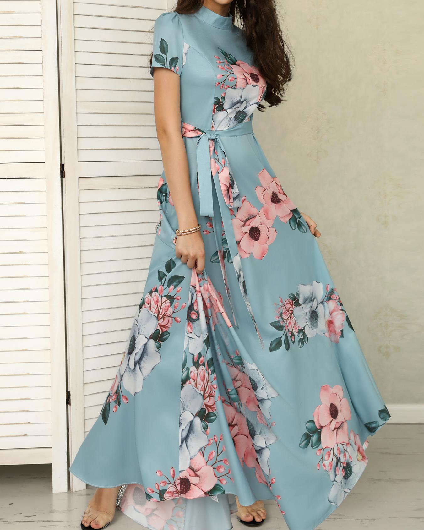 

Floral Print Short Sleeve Tied Detail Maxi Dress, Turquoise blue