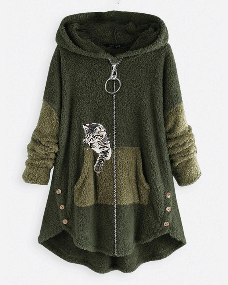

Cat Print Long Sleeve Hooded Zip Up Teddy Coat, Green
