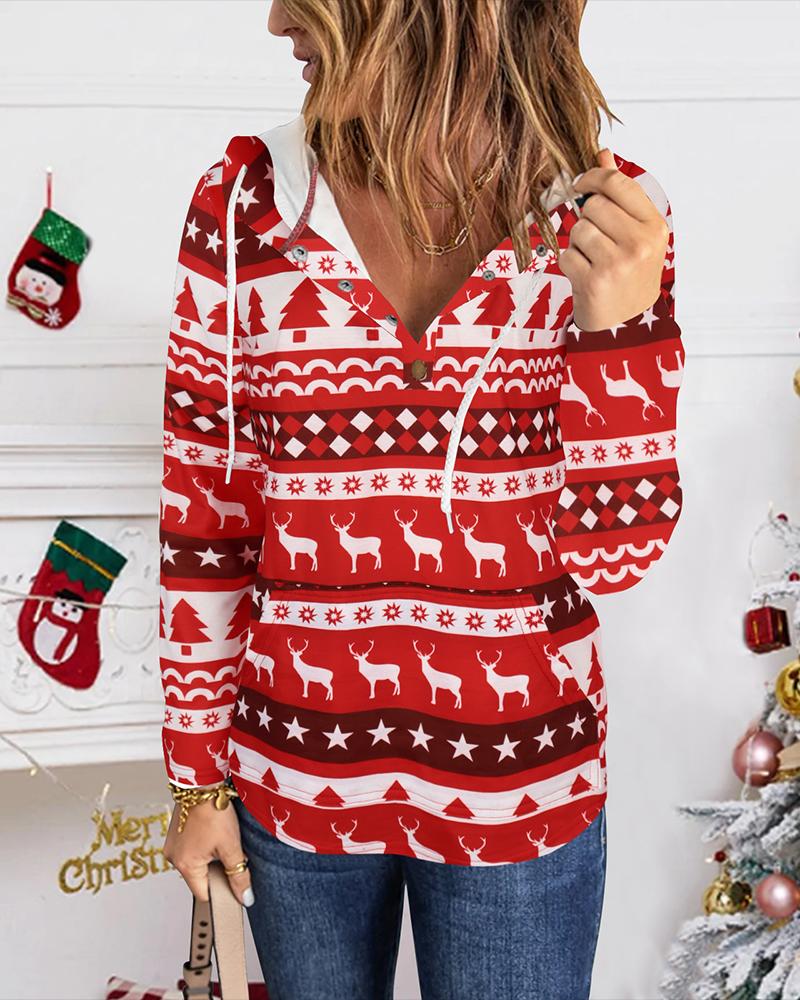 

Christmas Snowflake Elk Print Long Sleeve Hoodie, Red